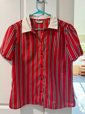 Vintage 1970’s- Lady Holiday Red Striped Button-Up Shirt with White Collar